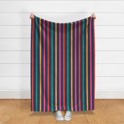 Large scale / Multicolored retro rainbow vertical stripes on navy / grunge distressed textured blender lines on dark blue background/ bright scarlet pink yellow cabana Christmas red and green