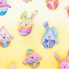 Easter Chicks and Bunnies on Textured Yellow