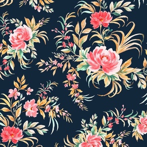 Oriental Chinoiserie Floral, Navy Background, Watercolour Floral