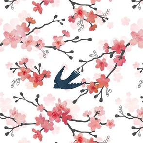 Swallow cherry blossom pink and white watercolor