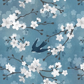 Swallow cherry blossom white and blue watercolor