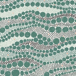 Abstract large and small flowing dots in greens and black with pops of orange