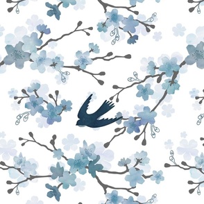 Swallow cherry blossom white and blue watercolor on white