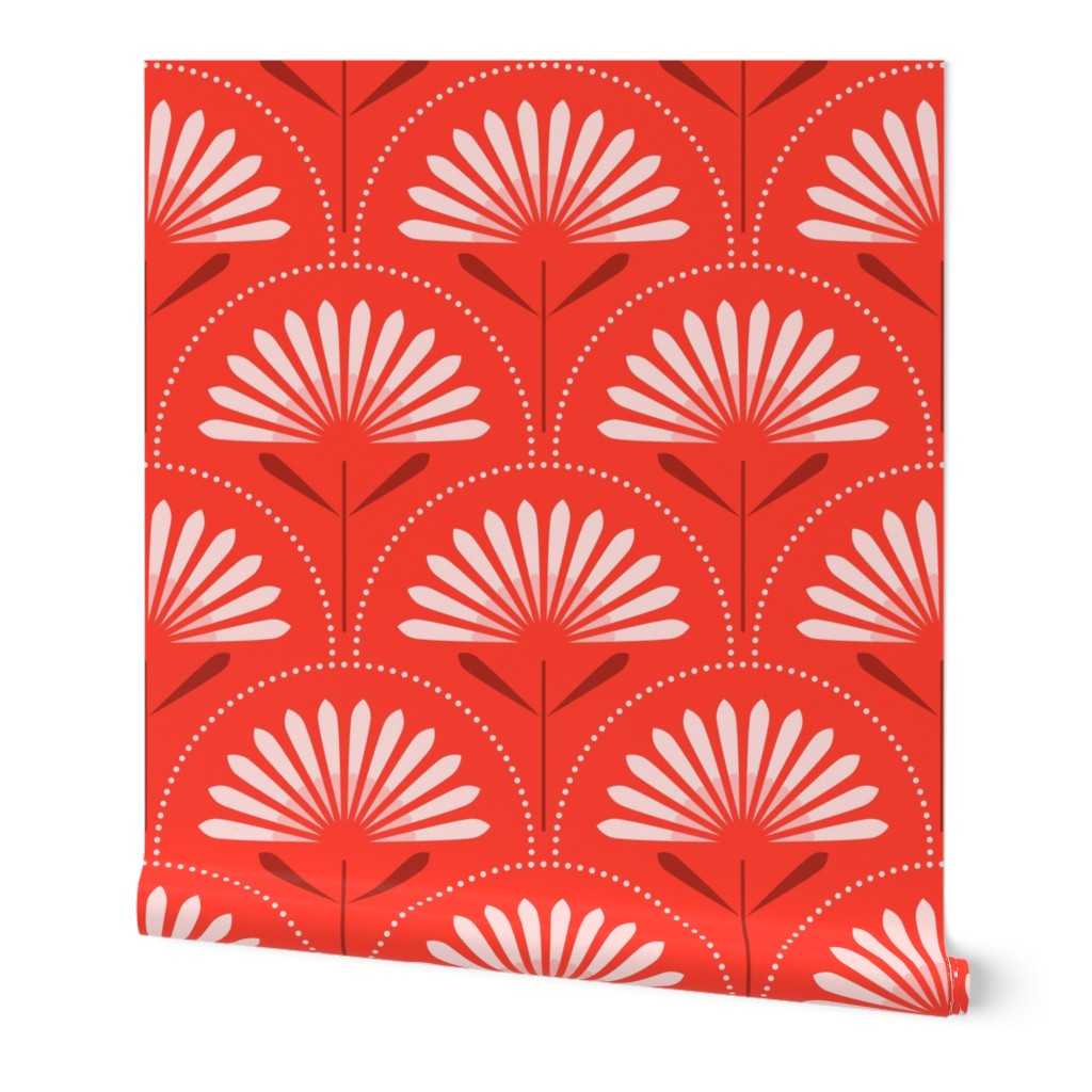 Large scale / Christmas florals art deco on red / monochromatic bright scarlet flowers and blush pink petals crimson leaves with dots / cute blooming palm botanicals geometric mid mod garden