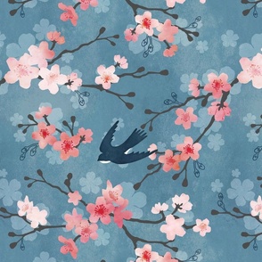 Swallow cherry blossom pink and blue watercolor more pink