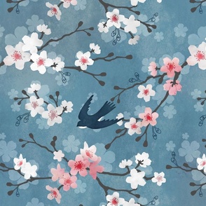 Swallow cherry blossom pink and blue watercolor