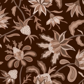 Brown monochromatic otherworldly chintz - moody exotic indian floral - large scale for bedding