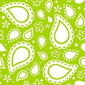 Medium Scale Playful Paisley Bandana White on Lime Green