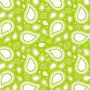 Small Scale Playful Paisley Bandana White on Lime Green