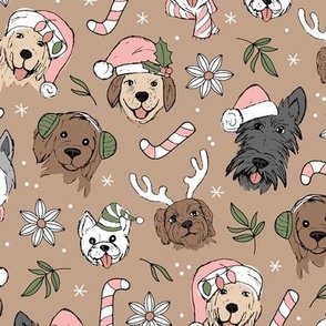 Boho Christmas dogs with santa hats reindeer antlers poinsettia winter flowers and little pine leaves and branches vintage pink olive green on tan beige LARGE