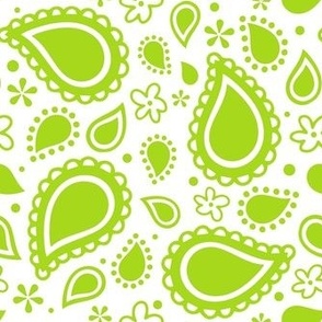 Medium Scale Playful Paisley Bandana Lime Green on White