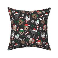 Boho Christmas dogs with santa hats reindeer antlers poinsettia winter flowers and little pine leaves and branches bright neon green red white on charcoal gray LARGE