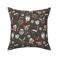 Boho Christmas dogs with santa hats reindeer antlers poinsettia winter flowers and little pine leaves and branches vintage red olive green on camo LARGE