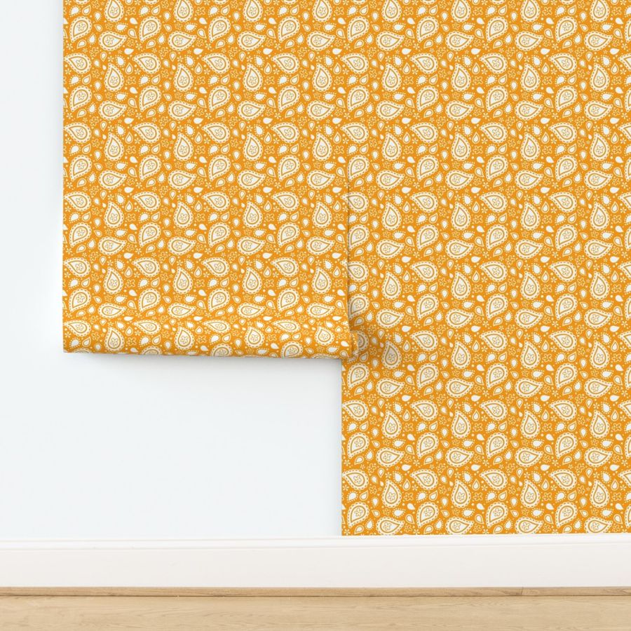 Medium Scale Playful Paisley Bandana White on Marigold Orange