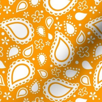 Medium Scale Playful Paisley Bandana White on Marigold Orange