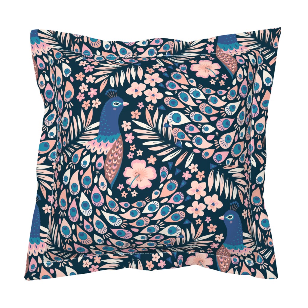 Tropical Peacock Garden, blue (jumbo) - birds, feathers and flowers on navy