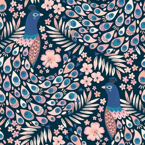 Tropical Peacock Garden, blue (jumbo) - birds, feathers and flowers on navy