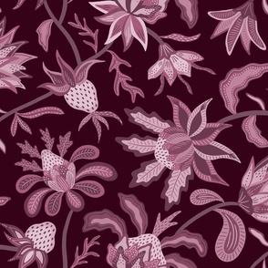 Burgundy monochromatic otherworldly chintz - moody exotic indian floral - large scale for bedding