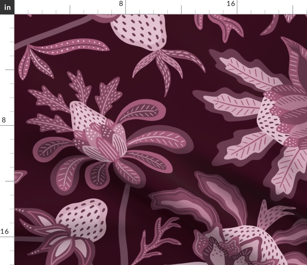 Burgundy monochromatic otherworldly chintz - moody exotic indian floral - large scale for bedding