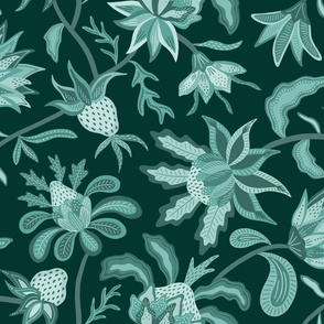 Green monochromatic otherworldly chintz - moody exotic indian floral - large scale for bedding
