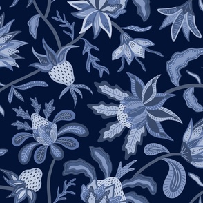 Blue monochromatic otherworldly chintz - moody exotic indian floral - large scale for bedding