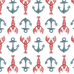 Lobsters and anchors - dusty blue & pillerbox red