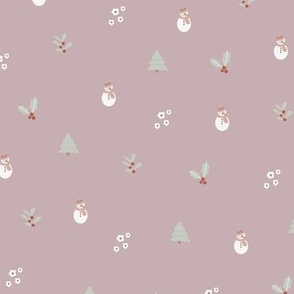 Snowy Mountains Christmas - Snowmen christmas trees and mistletoe winter wonderland minimalist scandinavian abstract winter design pastel green vintage red on mauve blush