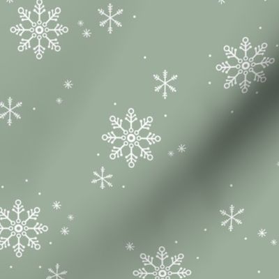 Snowy Mountains Christmas - Minimalist boho snowflakes winter sky white on sage green