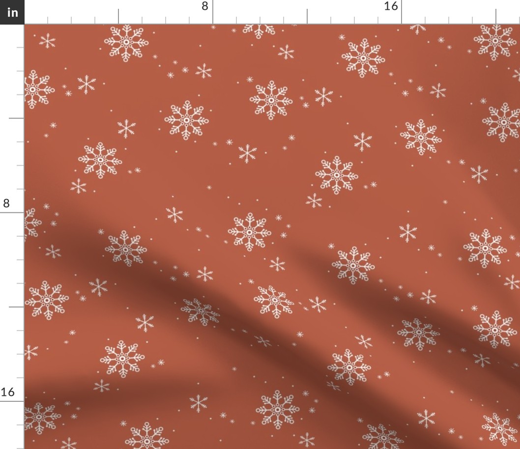 Snowy Mountains Christmas - Minimalist boho snowflakes winter sky white on burnt orange rust vintage red