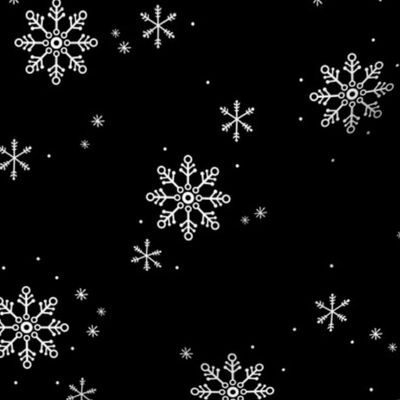 Snowy Mountains Christmas - Minimalist boho snowflakes winter sky white on black monochrome