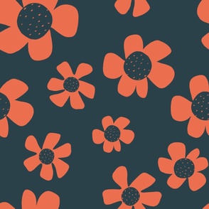 Jumbo Scale Daisy Fun - Navy and Coral on Navy 24x24