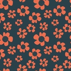 Small Scale Daisy Fun - Navy and Coral on Navy 3x3