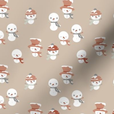 Snowy Mountains Christmas - Cute little snowman with carrot noses hats and scarfs winter wonderland kawaii design for kids nursery pastel gray burnt orange on tan beige