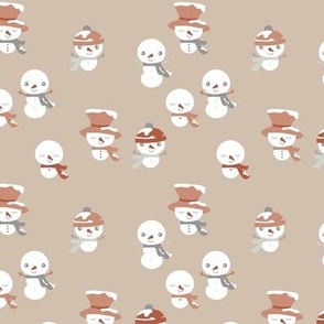 Snowy Mountains Christmas - Cute little snowman with carrot noses hats and scarfs winter wonderland kawaii design for kids nursery pastel gray burnt orange on tan beige