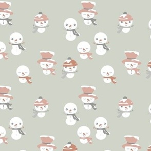 Snowy Mountains Christmas - Cute little snowman with carrot noses hats and scarfs winter wonderland kawaii design for kids nursery pastel gray mauve blush on mist green