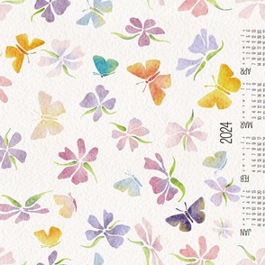 floral calendar 2024 - delicate watercolor flower and butterfly - whimsical floral - tea towel and wall hanging