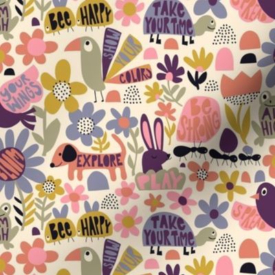 Playful Meadow: V2 Happy Animals Folk Abstract Florals Groovy Folksy 70s Retro Flowers - Small