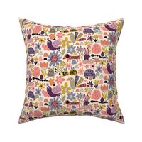 Playful Meadow: V2 Happy Animals Folk Abstract Florals Groovy Folksy 70s Retro Flowers - Small