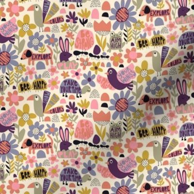 Playful Meadow: V2 Happy Animals Folk Abstract Florals Groovy Folksy 70s Retro Flowers - XS
