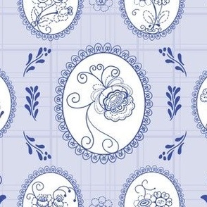 Delft Blue on Blue with Floral Cameos