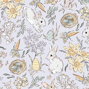 Easter Bunny Pastel Floral Spring Garden on lilac/purple