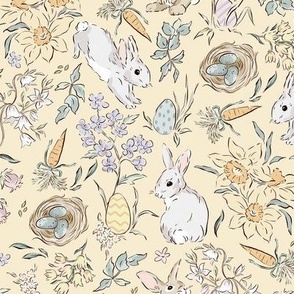 Easter Bunny Pastel Floral Spring Garden on yellow