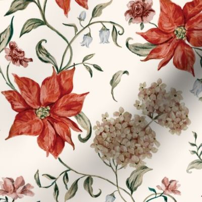 Christmas Elegant & Delicate Poinsettia Garden  on Cream