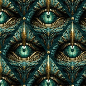 Fantasy Creature Dragon Eye Mystic Green Gold Pattern