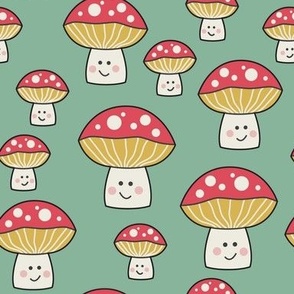 happy toadstool mushrooms on green