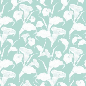 White Country Floral On Soft Muted Green Background, Medium Scale