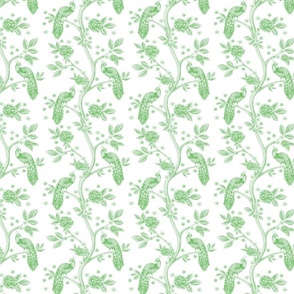 Monochromatic green peacocks Chinoiserie design with white background