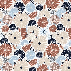 Geometric flowers blue , brown , beige,blue