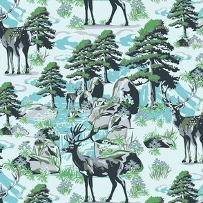 Mountain Woodland Deer Landscape, Dark Moss Green Pine Tree Forest, Evergreen Trees, Wild Animals (Small Scale)
