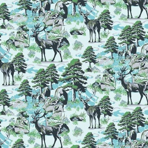 Wild Stag Woodland Deer, Moss Green Earthy Tones Forest, Evergreen Trees, Rocky Mountain Animals (Medium Scale)